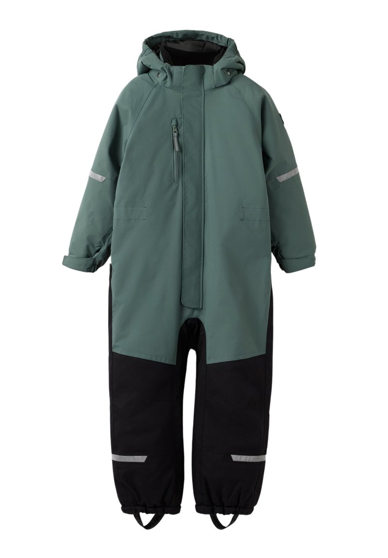 Groen en zwart geïsoleerd sneeuwpak met een capuchon, voorrits en reflecterende accenten; heeft elastische mouwen en enkelbanden voor een veilige pasvorm.