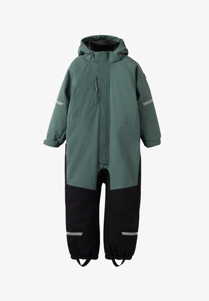 Groen en zwart geïsoleerd sneeuwpak met een capuchon, voorrits en reflecterende accenten; heeft elastische mouwen en enkelbanden voor een veilige pasvorm.