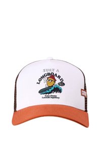 Trucker-style cap with a white front, brown mesh sides, and an orange brim. Features a colorful graphic of a surfing character and text.