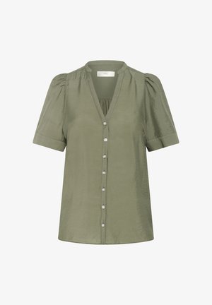 Lühikeste varrukatega oliivroheline pluus V-kaelusega, nööpidega ees, kogutud detailidega kaelas ja siledast toest.