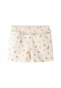 Shorts en coton crème avec une taille élastique à volants. Présente un motif de coquillages et de gouttes en or, violet et marron.