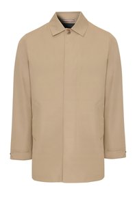 Beige lichtgewicht jas met een rechte snit, omgeslagen kraag, knoopsluiting en zijzakken. Gladde stof met subtiele glans.