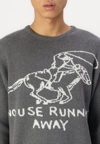 Grijze gebreide trui met een witte grafische print van een hond en de tekst "NIET PROBEREN WEG TE RUNNEN." Ronde hals en geribde boorden.