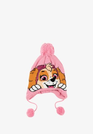 Cappello lavorato a maglia rosa con un cane dei cartoni animati dagli occhi grandi, un pon pon sulla sommità e lacci sotto il mento, realizzato in materiale morbido e textured.