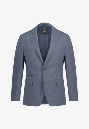 Lichtblauwe blazer van een gestructureerde stof, met één knoopsluiting, notch revers en twee voorkruiszakken. De binnenzijde is gevoerd in een donkerdere tint.