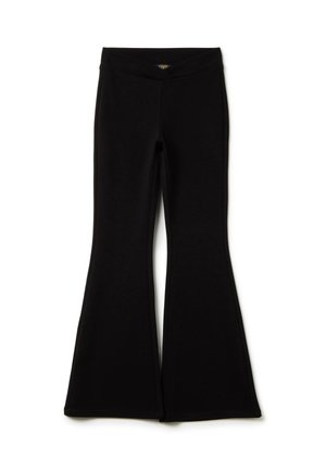 Leggings noires évasées en tissu extensible, dotées d'une taille haute avec une finition lisse et des détails de couture sur les côtés.