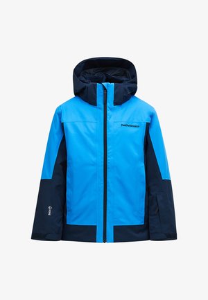 Blauw-zwart gewatteerd winterjack met capuchon, ritssluiting aan de voorkant, Peak Performance-logo op de borst en HiPE-logo op de mouw.