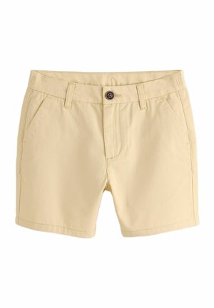Béžové bavlnené šortky s predným gombíkom, zipsom, opaskovými očkami a šikmými bočnými vreckami zobrazené na bielom pozadí.