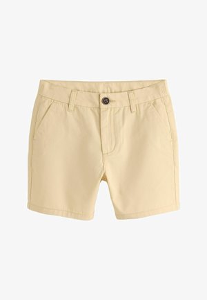 Beżowe bawełniane szorty z przednim guzikiem, suwakiem, szlufkami na pasek i skośnymi bocznymi kieszeniami, prezentowane na białym tle.