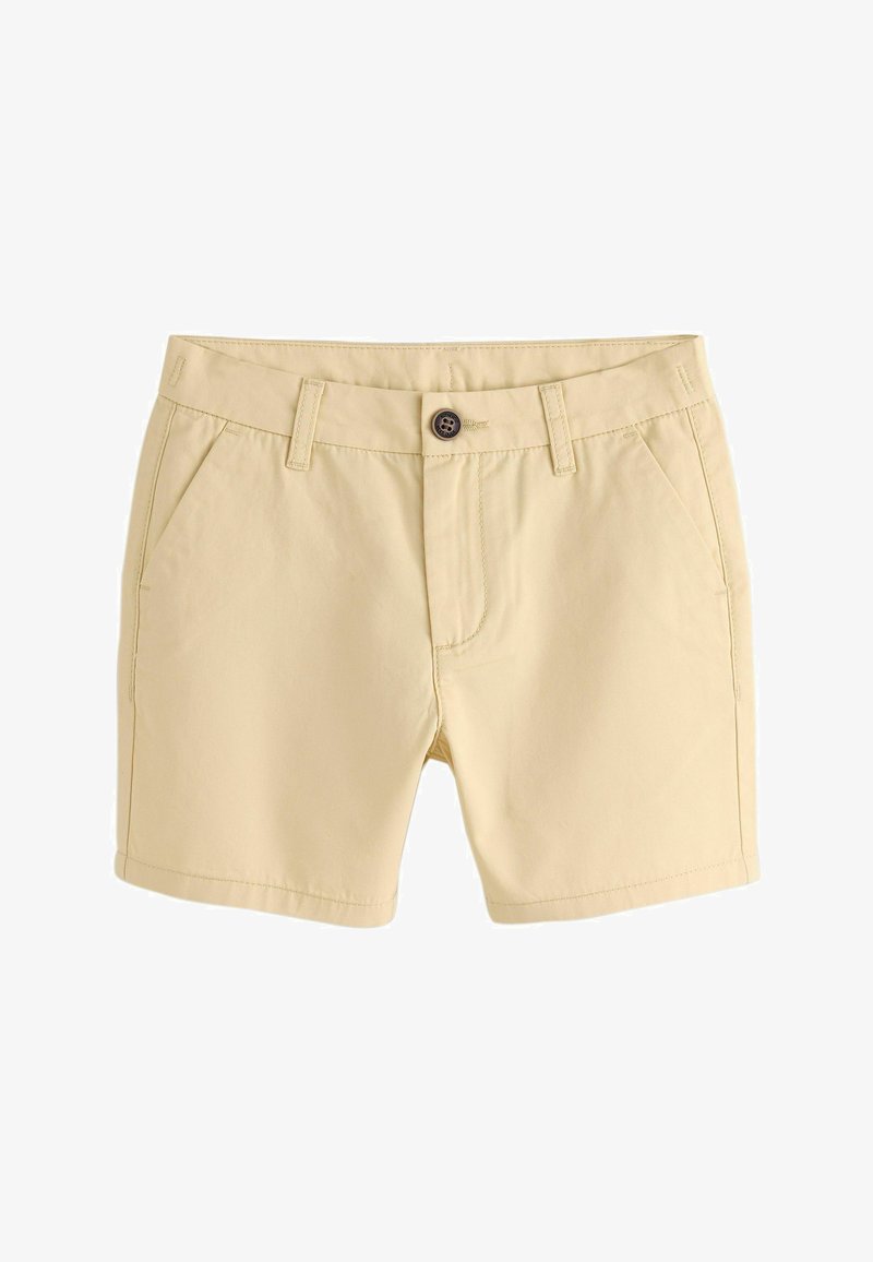 Pantalones cortos de algodón beige con botón frontal, cremallera, trabillas para cinturón y bolsillos laterales inclinados, mostrados sobre un fondo blanco.