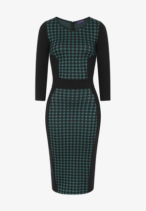Schwarzes und türkisfarbenes Hahnentrittmuster-Kleid mit taillierter Silhouette, Dreiviertelärmeln und rundem Ausschnitt. Mit Reißverschluss auf der Rückseite.