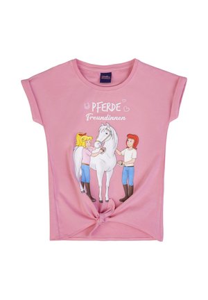 Camicia rosa per bambini con illustrazione di due bambine che curano un cavallo bianco e scritta "Pferde Freundinnen" con cuori e ferro di cavallo.