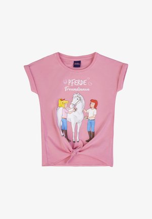 Camicia rosa per bambini con illustrazione di due bambine che curano un cavallo bianco e scritta "Pferde Freundinnen" con cuori e ferro di cavallo.