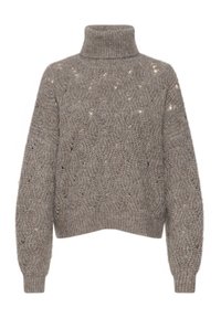 Jasnobrązowy sweter z dzianiny o wysokim golfie, z fakturowanym wzorem i długimi rękawami. Wykończony prążkowanym dołem i mankietami. Posiada delikatne, ażurowe detale.