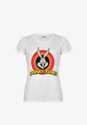 White short-sleeve t-shirt featuring Bugs Bunny’s head inside a red and orange concentric circle with "Looney Tunes" text below.