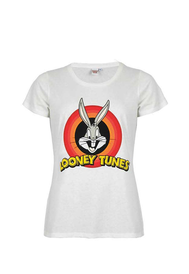 White short-sleeve t-shirt featuring Bugs Bunny’s head inside a red and orange concentric circle with "Looney Tunes" text below.
