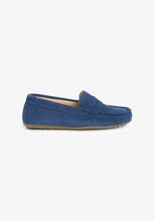 Blaue Wildleder-Slipper mit gestickten Details, einer runden Zehenpartie und einer flexiblen Gummisohle mit kleinen Traktionsnoppen.