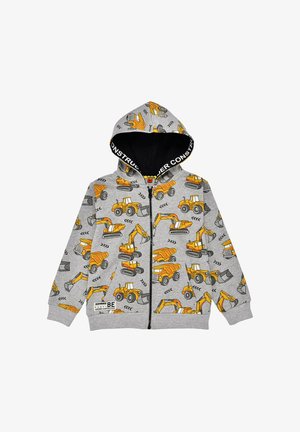 Gray zip-up hoodie featuring an all-over print of construction vehicles in yellow and black, with a black-lined hood and logo detail.