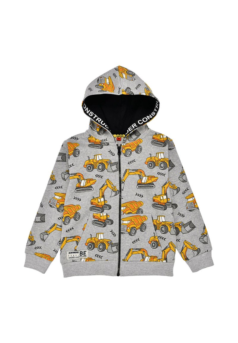 Gray zip-up hoodie featuring an all-over print of construction vehicles in yellow and black, with a black-lined hood and logo detail.