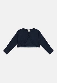 Μπλέ σκούρο κοντομάνικο τοπ με μακριά μανίκια σε μαλακό βαμβάκι, με ριγέ άκρες κατά μήκος του μπροστινού ανοίγματος και του τελειώματος, και κουμπί κλεισίματος στο λαιμό.