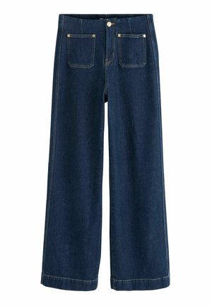 Jeans din denim de un albastru închis, cu picioare largi și talie înaltă, având două buzunare frontale și două buzunare spate, un nasture argintiu și cusături în contrast.