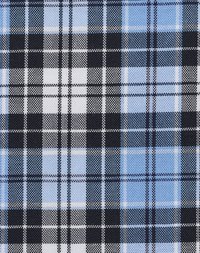 Tessuto a quadri blu e nero con accenti bianchi. Presenta una texture intrecciata, strisce a contrasto e un classico motivo a scacchi.