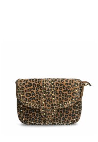 Leopard print clutch bag made of fabric with a textured surface. Features gold studs along the flap and a fold-over design.