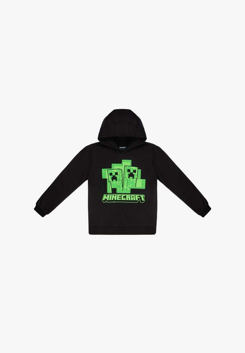 Black hoodie with long sleeves and a front pocket, featuring a green Minecraft graphic and text. Made from soft, durable fabric.