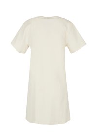 Kurzärmliges Kleid aus cremefarbener Baumwolle. Einfaches, gerade geschnittenes Design mit rundem Ausschnitt und ohne zusätzliche Verzierungen.