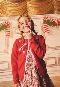 Roter Cardigan mit rosa Besatz und Schleifendetails, darüber ein Kleid mit floralem Muster in leuchtenden Farben. Im Hintergrund festliche Dekorationen.