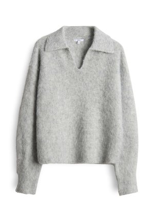 Hellgrauer, strukturierter Pullover mit V-Ausschnitt und breitem Kragen. Verfügt über Fallerschultern und gerippte Bündchen. Weicher, flauschiger Stoff.