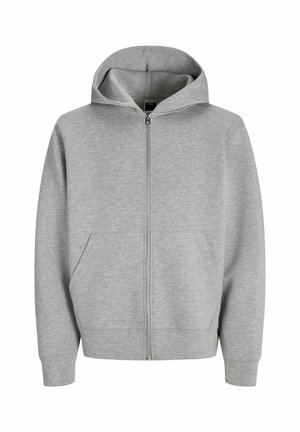 Grauer Reißverschluss-Hoodie aus weichem Stoff, mit Kapuze, Fronttaschen sowie gerippten Bündchen und Saum. Einfaches und funktionales Design.