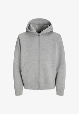 Gray zip-up hoodie made of soft fabric, featuring a hood, front pockets, and ribbed cuffs and hem. Simple and functional design.
