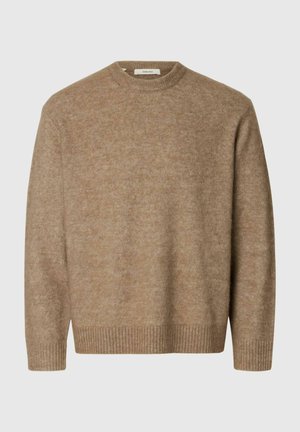 Suéter de mezcla de algodón beige con cuello redondo, puños y dobladillo acanalados, textura suave y corte relajado.