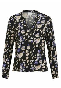 Langärmlige Bluse mit V-Ausschnitt, schwarzer Stoff mit buntem Blumenmuster in Lila und Creme, glatte Textur und lockere Passform.