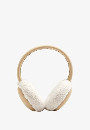 Cuscinetti auricolari in finta pelle color tan con accenti in tessuto bianco e soffice, collegati da un archetto imbottito coordinato, in un design circolare.