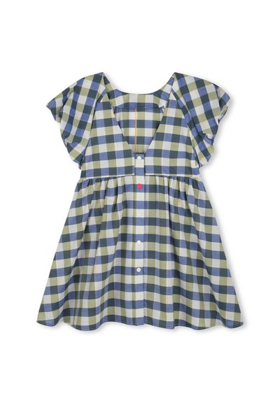 Korte mouw, v-hals jurk in een groen-blauw ruitpatroon, met een knoopsluiting aan de voorkant en een geraffineerde taille met een bloemaccent.