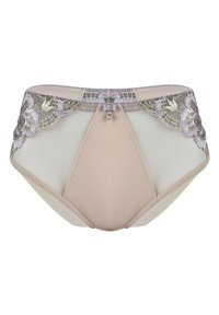 Beżowe i fioletowe majtki w kwiatowy wzór, ozdobione koronką, z siateczkowym wzorem, gładką podszewką i małą dekoracyjną kokardką na środku.