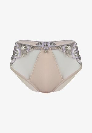 Beżowe i fioletowe majtki w kwiatowy wzór, ozdobione koronką, z siateczkowym wzorem, gładką podszewką i małą dekoracyjną kokardką na środku.