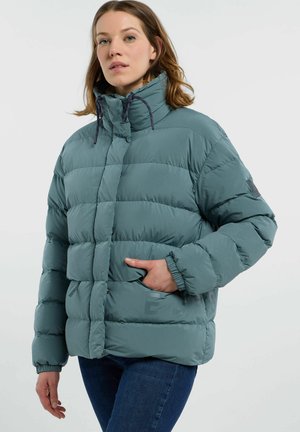 teal puffer jacket with a high collar, featuring stitched sections, elastic cuffs, and a side pocket. Smooth, matte finish.