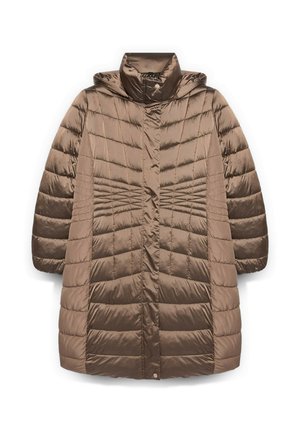 Brauner, gepolsterter Mantel mit Kapuze, einem Steppmuster, hohem Kragen, Druckknopfverschluss und dezentem Glanz in einem glatten, leichten Material.