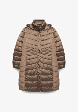 Brauner, gepolsterter Mantel mit Kapuze, einem Steppmuster, hohem Kragen, Druckknopfverschluss und dezentem Glanz in einem glatten, leichten Material.