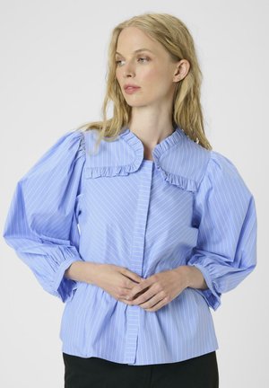 Blusa a righe blu chiaro con maniche a sbuffo, colletto arruffato e chiusura con bottoni. Tessuto liscio con righe bianche verticali.