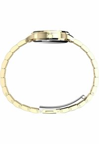 Guldtonet ur med metalarmbånd, der har rektangulære led. Det runde urkasse har en sølvfarvet bezel og en krone på siden til justering.