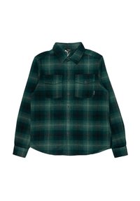 Camicia di flanella a quadri verdi con due tasche frontali, colletto a punta, maniche lunghe e una texture morbida con motivi scuri e chiari.