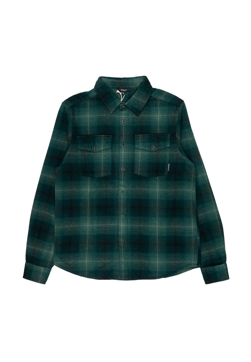 Camicia di flanella a quadri verdi con due tasche frontali, colletto a punta, maniche lunghe e una texture morbida con motivi scuri e chiari.