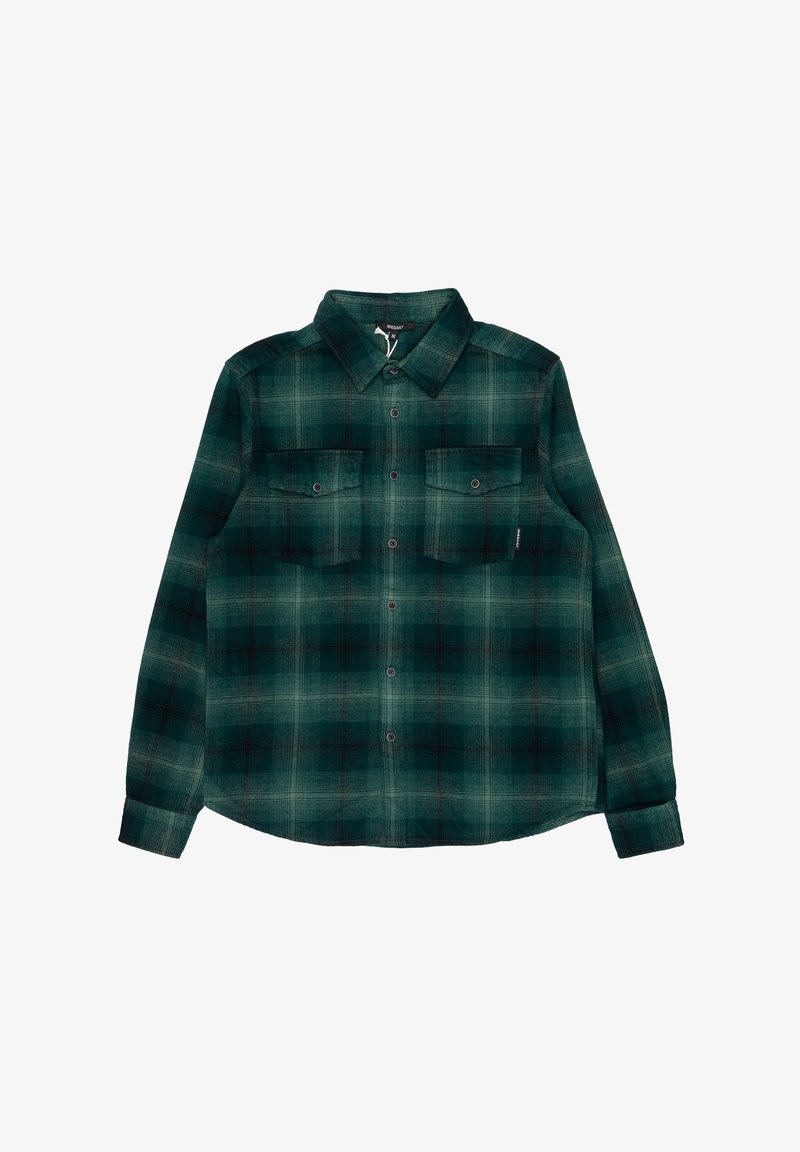 Camicia di flanella a quadri verdi con due tasche frontali, colletto a punta, maniche lunghe e una texture morbida con motivi scuri e chiari.