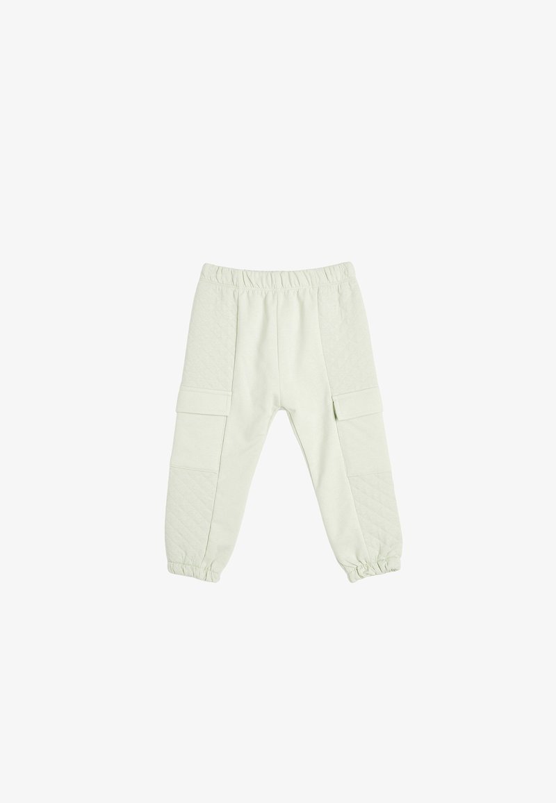 Lichtgroene katoenen joggingbroek met een gewatteerd ontwerp, een elastische tailleband en elastische boorden, voorzien van twee zijzakken.