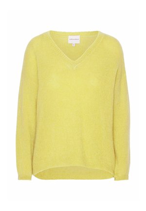 Pull en laine jaune doux avec manches longues et col en V, taille small, étiquette de marque visible à l'intérieur du col.