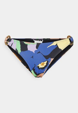 Bikini bottom made from textured fabric, featuring a multicolor floral pattern on a blue base with black, green, and orange accents, and gold hardware.